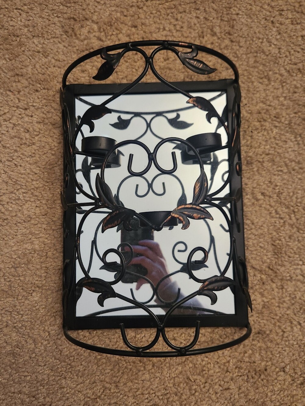 Vintage Black Mirrored Wall Sconce Votive Decoration Leaf Scroll Candle Holder